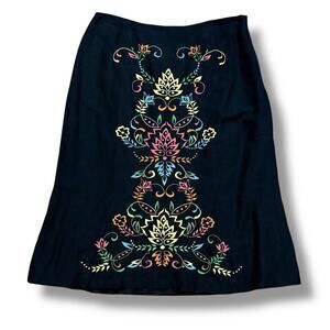 VTG Y2K Boho Embroidered Floral Harolds Skirt Size 8 Black Linen Blend Midi